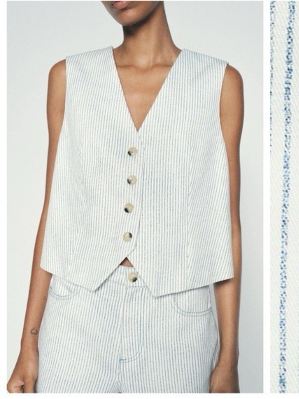 Zara White Vest with Thin Blue Stripes and Tortoiseshell Buttons - Picture 3 of 7